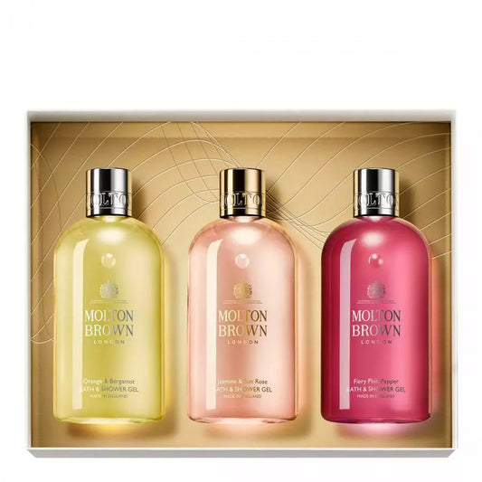 Molton Brown london signature bathing trio set (orange & bergamot shower, jasmine & sun rose, Fiery Pink pepper)