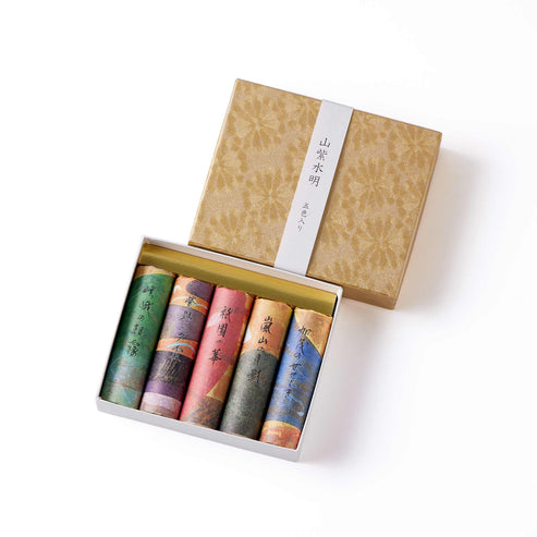 Kousaido Sanshisuimei Gift Box - Set of 5 Scents (Saga, Murasakino, Gion, Arashiyama, and Kamo); 60 sticks TOTAL